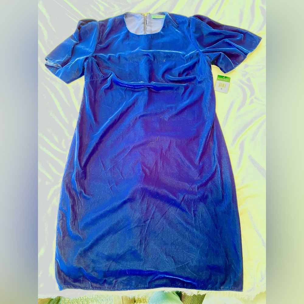 Ralph Lauren NWT Sapphire Blue Velvet Short Sleeved Dress, Size 6
